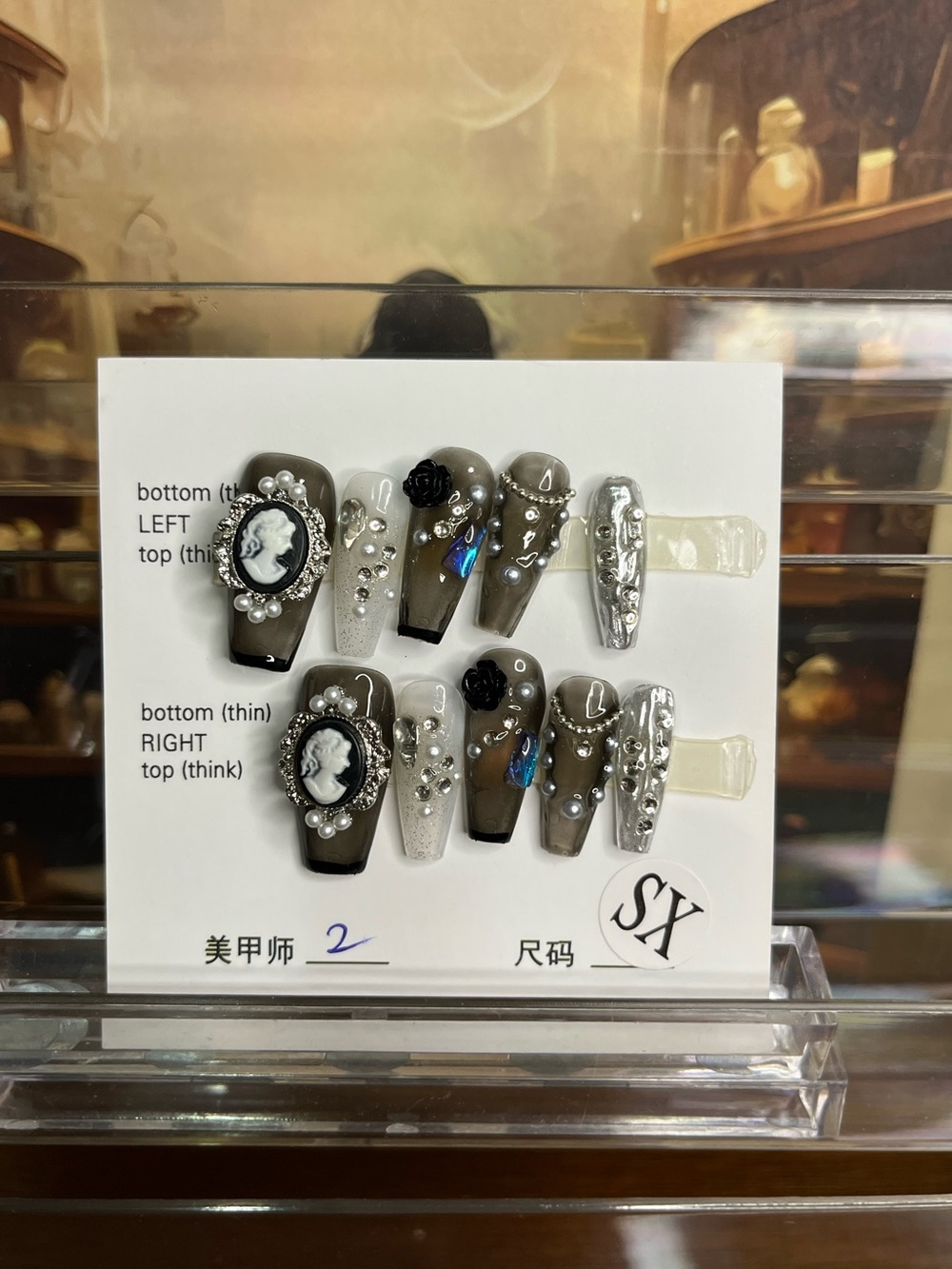 3D Cameo Accent Press-On Nails in Olive Green and Silver coffin